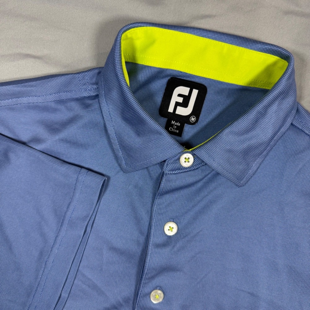 FootJoy Mens Golf Polo Shirt Blue Neon Yellow Stripe Short Sleeve M Performance